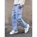 Men's Multi Pocket Jeans, Casual Loose Fit Straight Leg Jeans