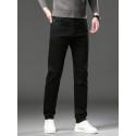 Men's Stylish Comfy Solid Denim Trousers With Pockets, Causal Breathable Fleece Slim-fit Jeans For City Walk Street Hanging Outdoor Activities