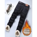 Men's Stylish Comfy Fleece Solid Denim Trousers With Pockets, Causal Breathable Slim-fit Jeans For City Walk Street Hanging Outdoor Activities