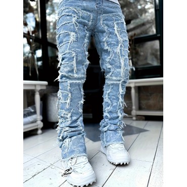 Men's Y2k Raw Trim Straight Leg Jeans, Casual Street Style Jeans