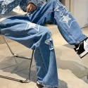 Y2k Distressed Star Pattern Jeans, Men's Halloween Casual Street Style Loose Fit Denim Pants For The Four Seasons