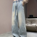 Wide Leg Cotton Blend  Drawstring Jeans, Men's Casual Street Style Loose Fit Denim Pants For Spring Summer