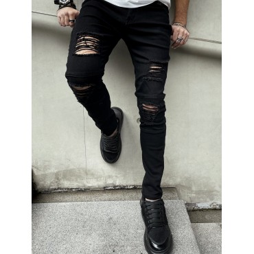 Men's Fashion Ripped Skinny Mid Stretch Jeans Slim Fit Denim Pants With Pockets