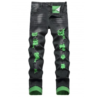 Men's Trendy Ripped Color Block Stretch Slim Denim Pants