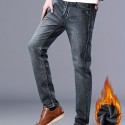 Warm Fleece Straight Leg Jeans For Business, Men's Semi-formal Denim Pants For Fall Winter