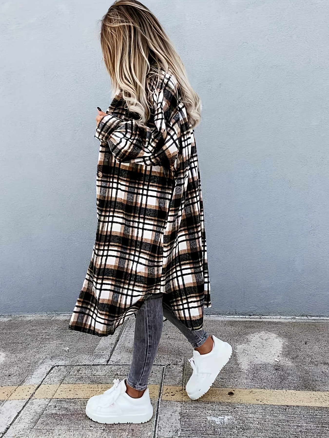 plaid print long length jacket casual button front flap pockets outwear womens clothing details 4