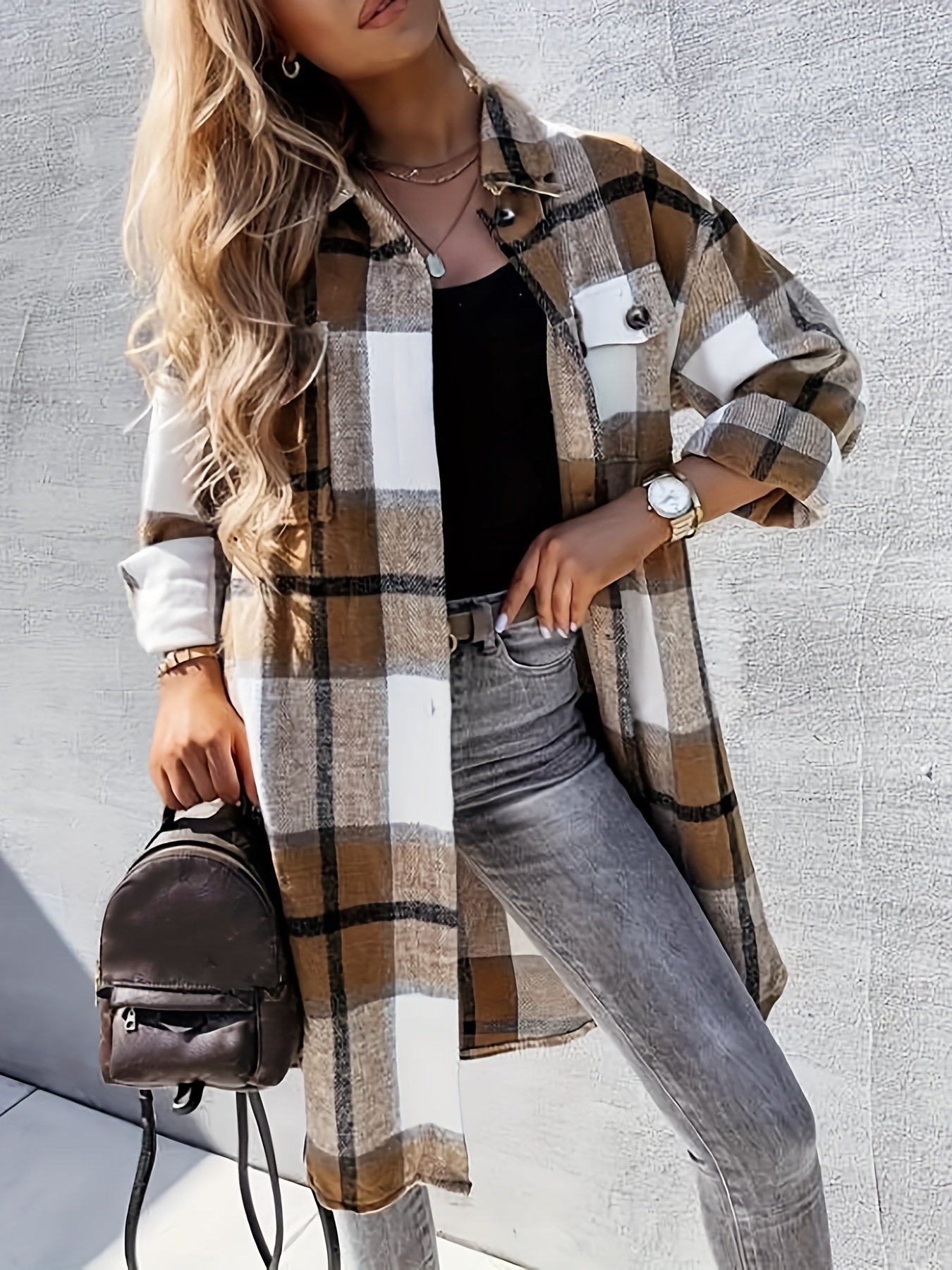 plaid print long length jacket casual button front flap pockets outwear womens clothing details 13