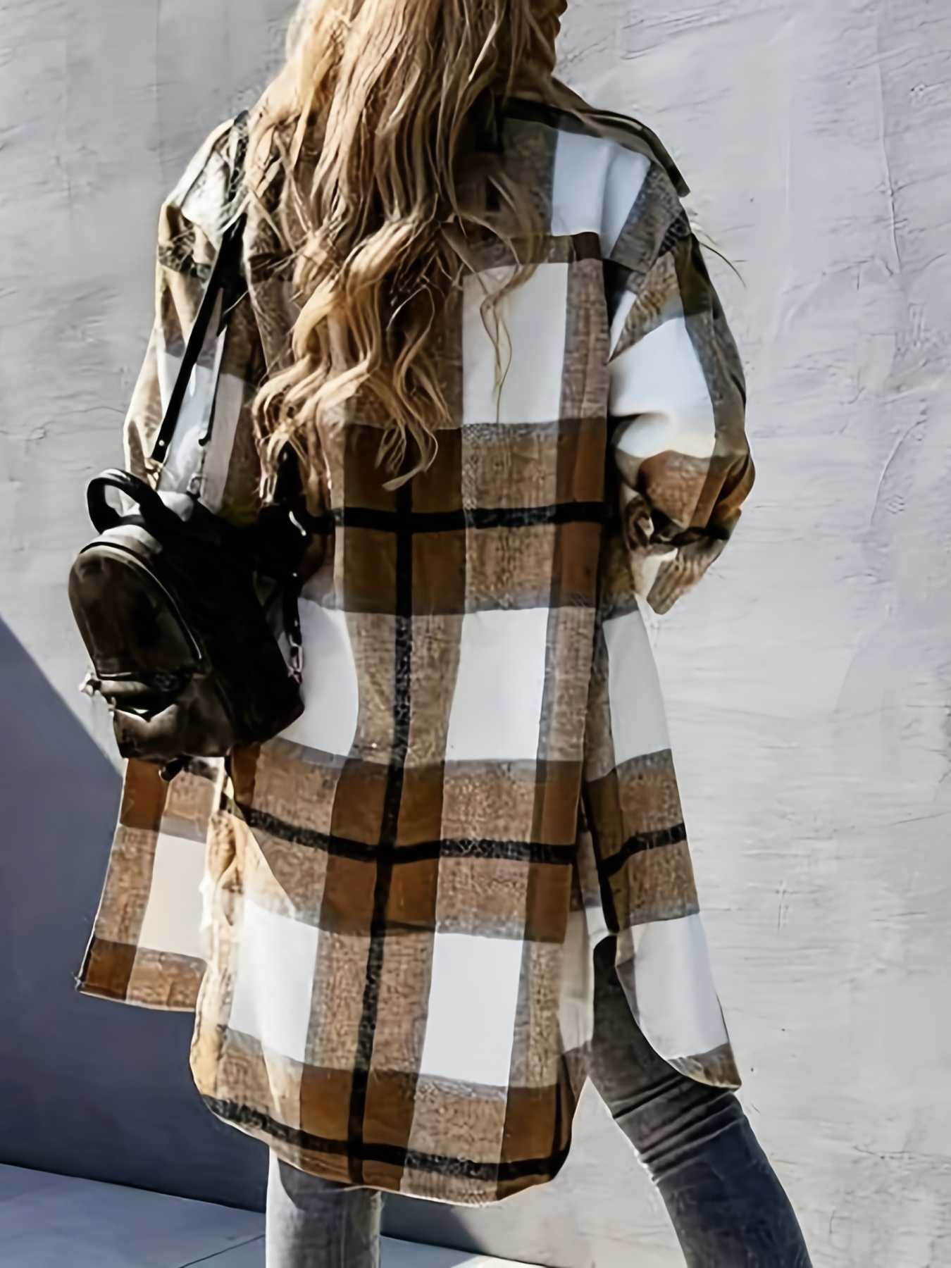 plaid print long length jacket casual button front flap pockets outwear womens clothing details 17