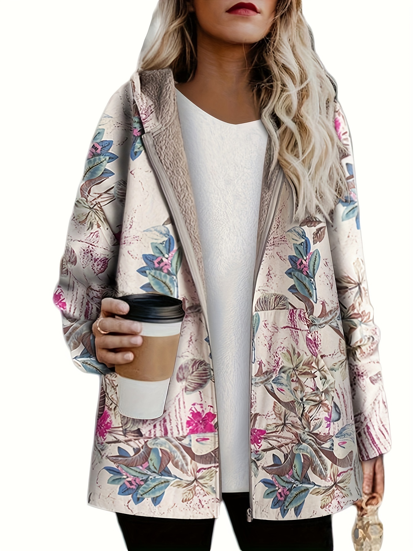 floral hooded fall winter jacket casual open front long sleeve outerwear womens clothing details 2