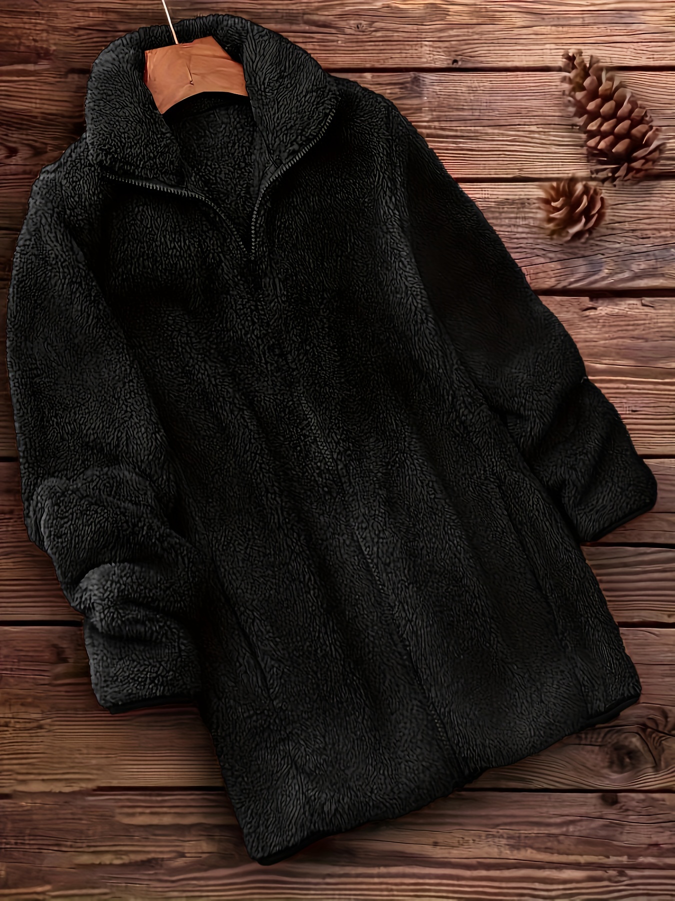 zip up solid teddy coat casual long sleeve winter outerwear womens clothing details 6