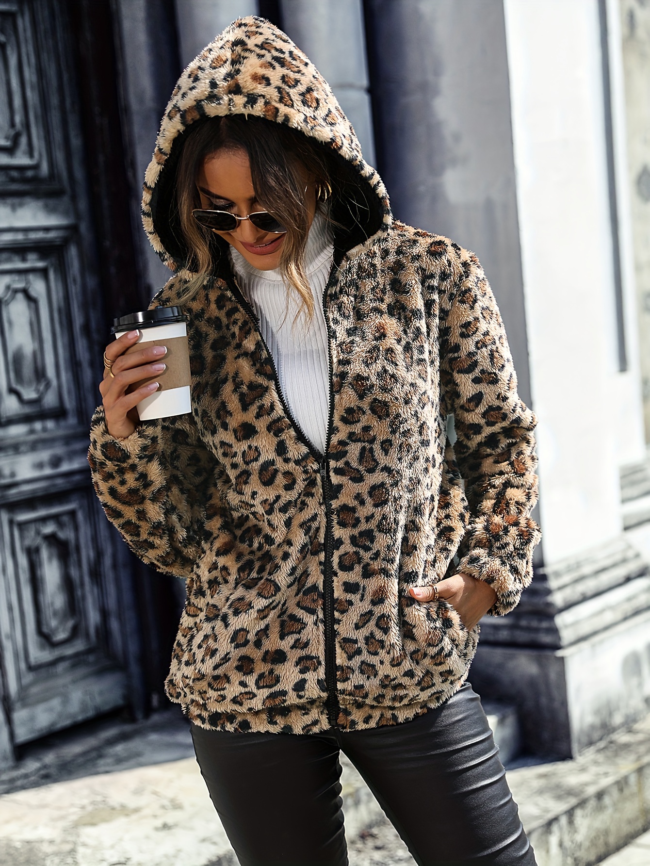 leopard pattern zipper hooded teddy coat versatile long sleeve thermal outwear for fall winter womens clothing details 3