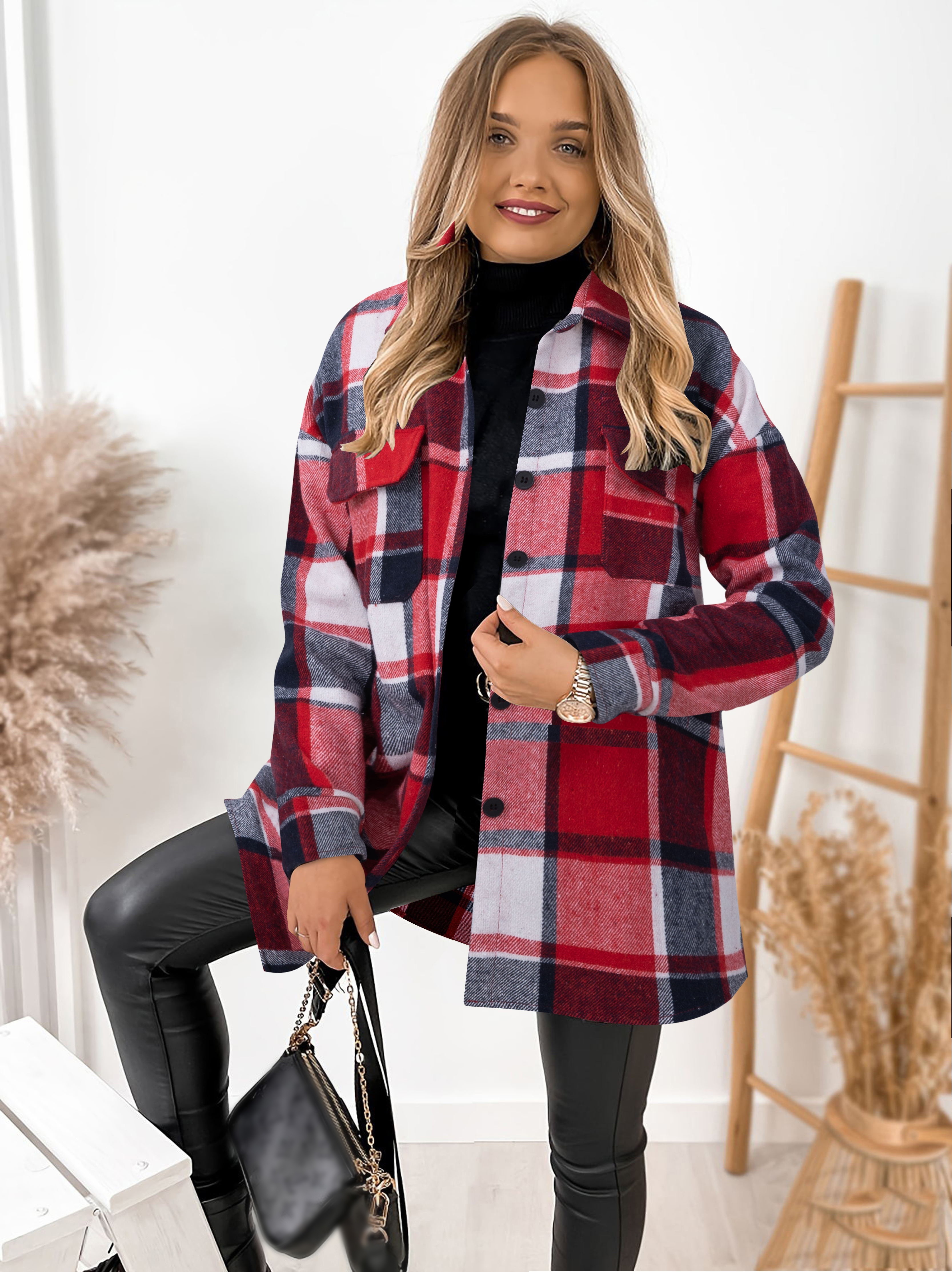 plaid print shacket jacket casual button front long sleeve pocket outerwear womens clothing details 12