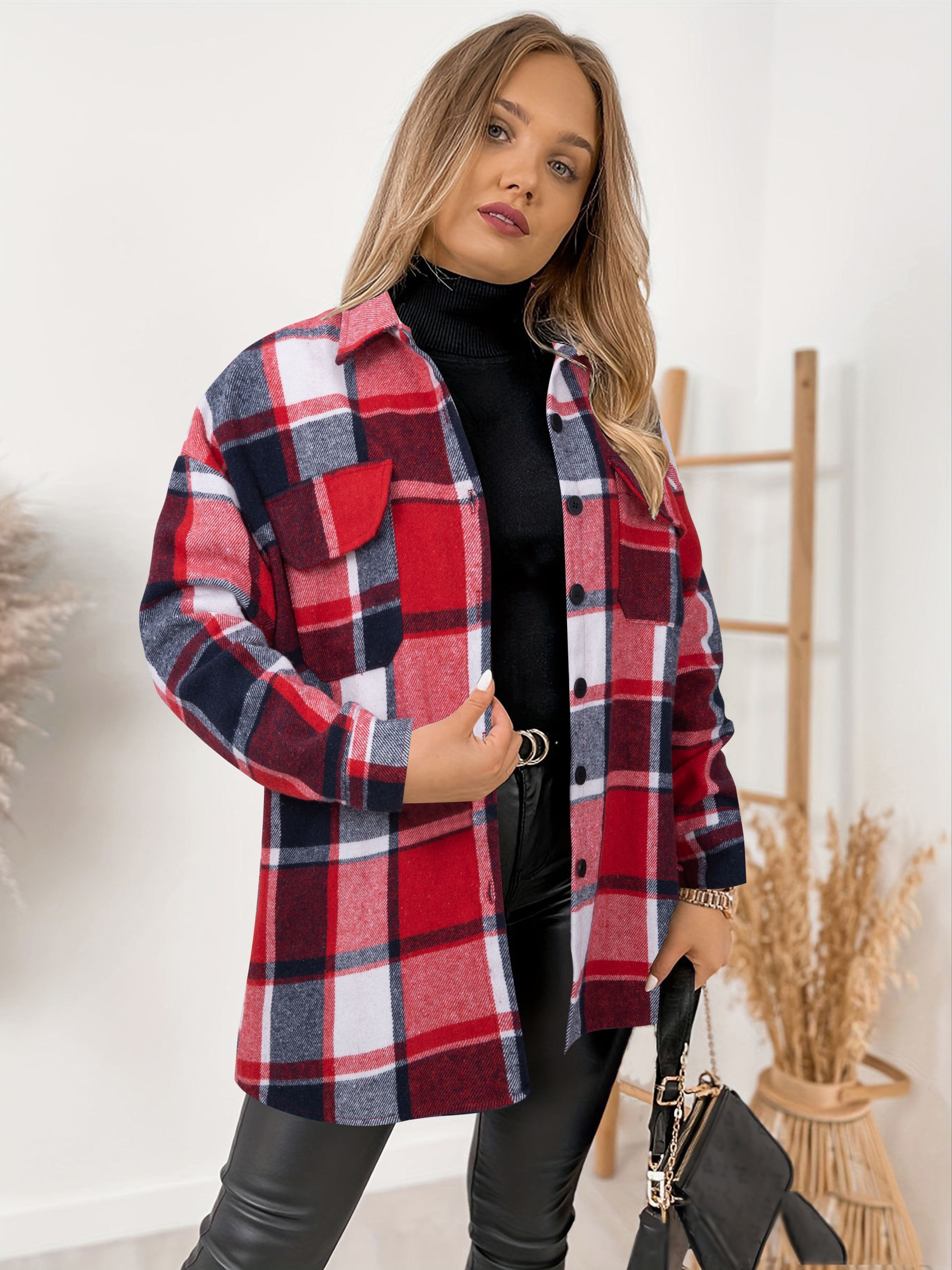 plaid print shacket jacket casual button front long sleeve pocket outerwear womens clothing details 13