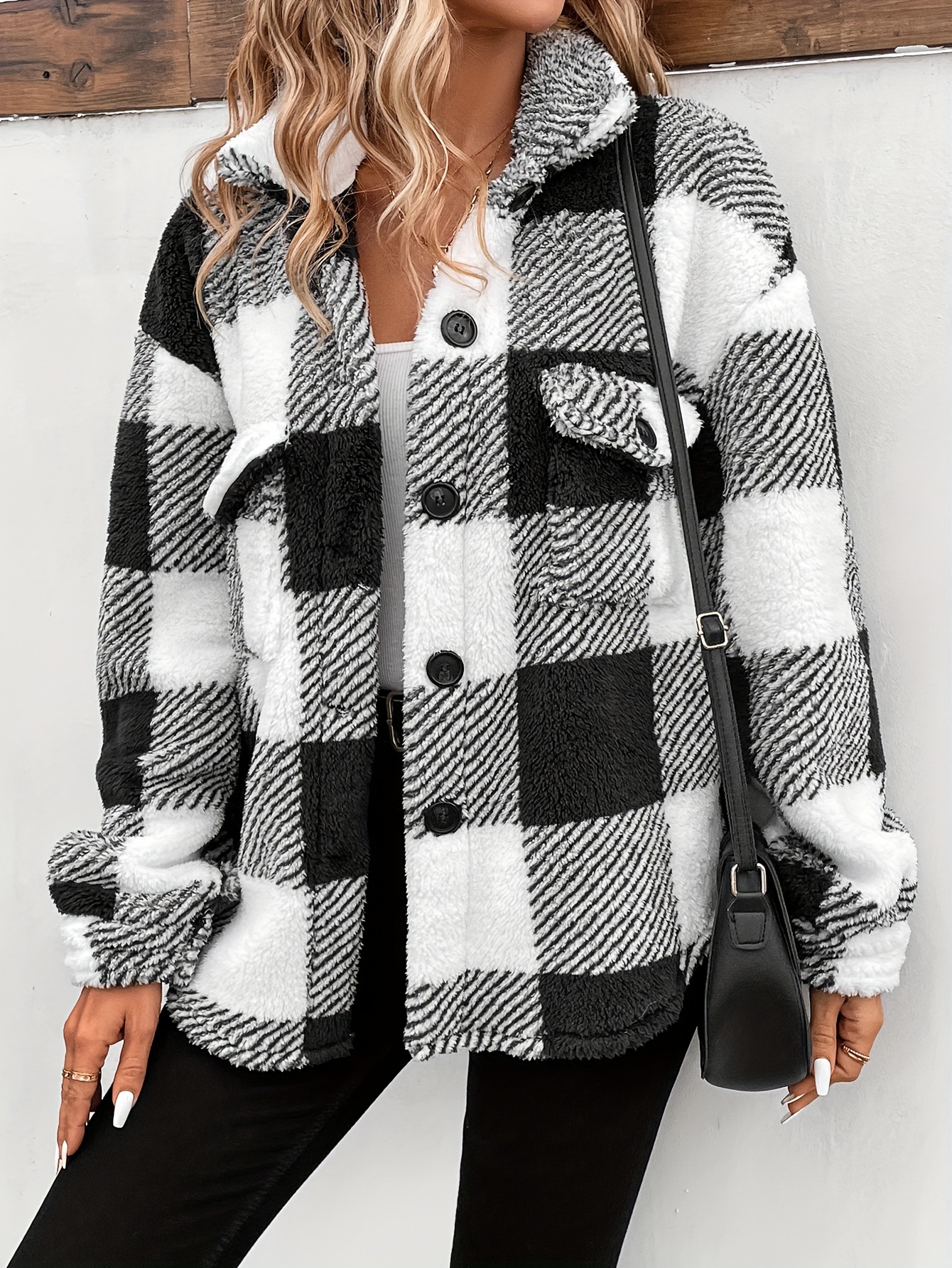 coat, plaid fuzzy fall winter coat casual button front long sleeve warm outerwear womens clothing details 2