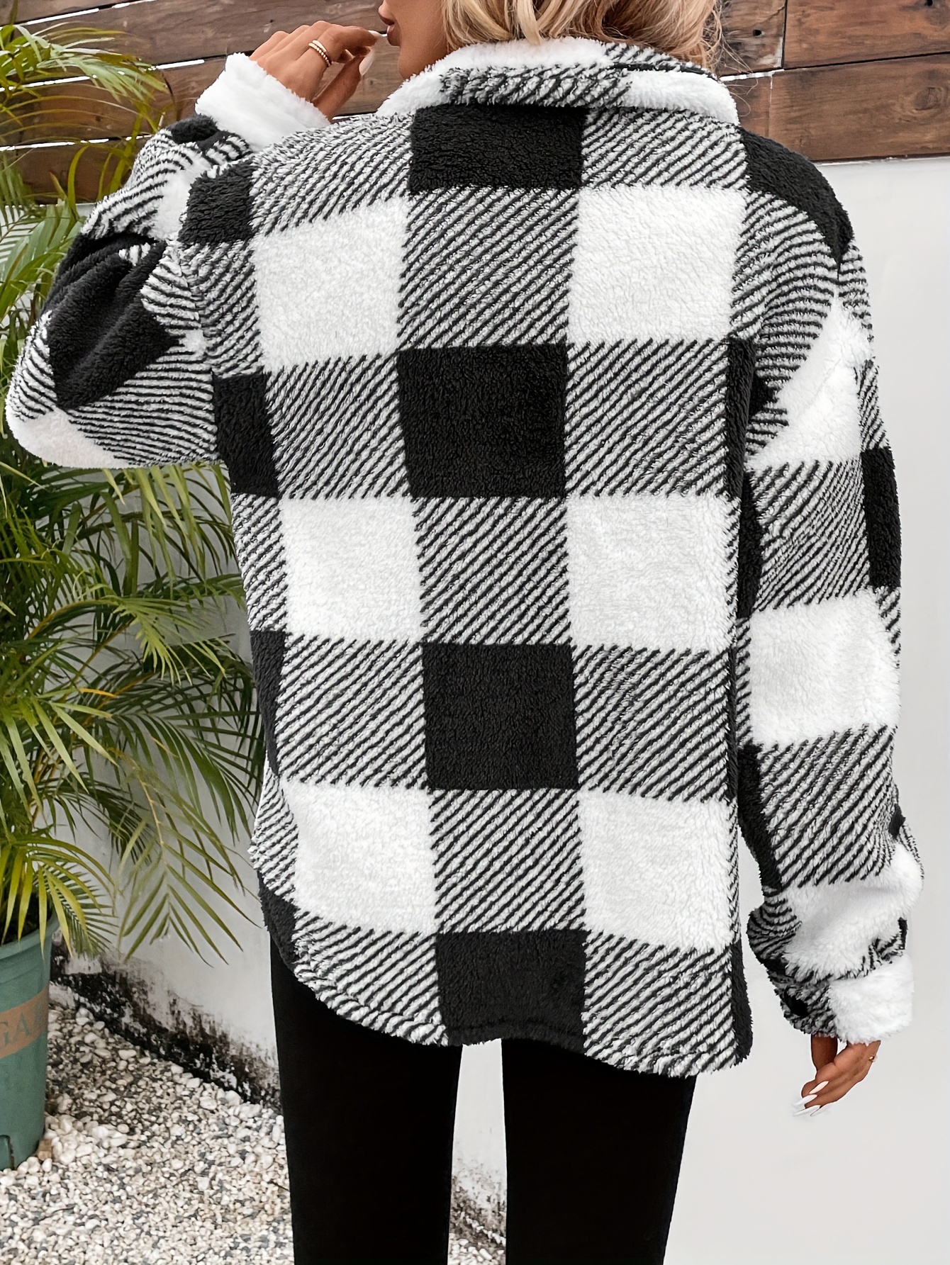 coat, plaid fuzzy fall winter coat casual button front long sleeve warm outerwear womens clothing details 3