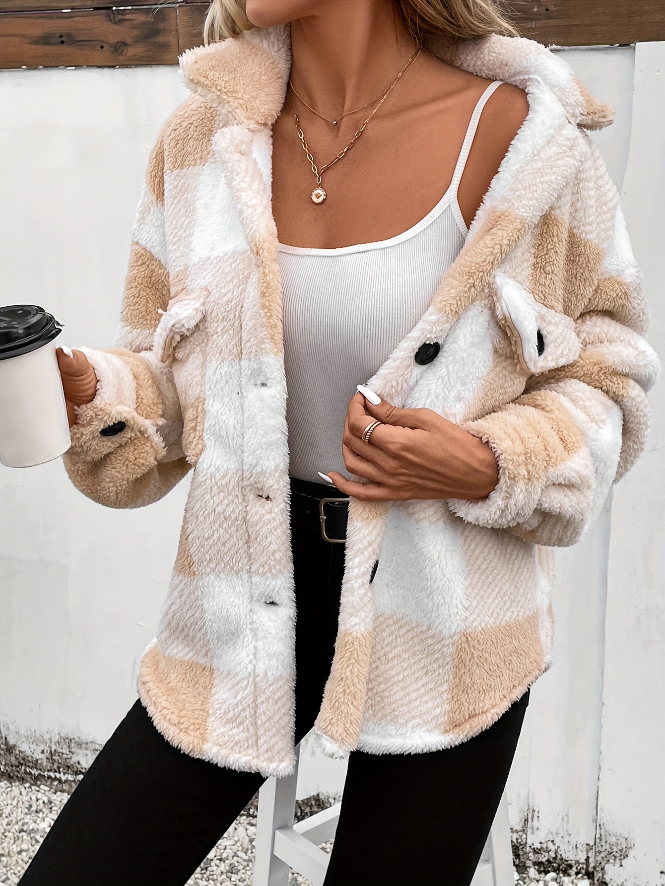 coat, plaid fuzzy fall winter coat casual button front long sleeve warm outerwear womens clothing details 6