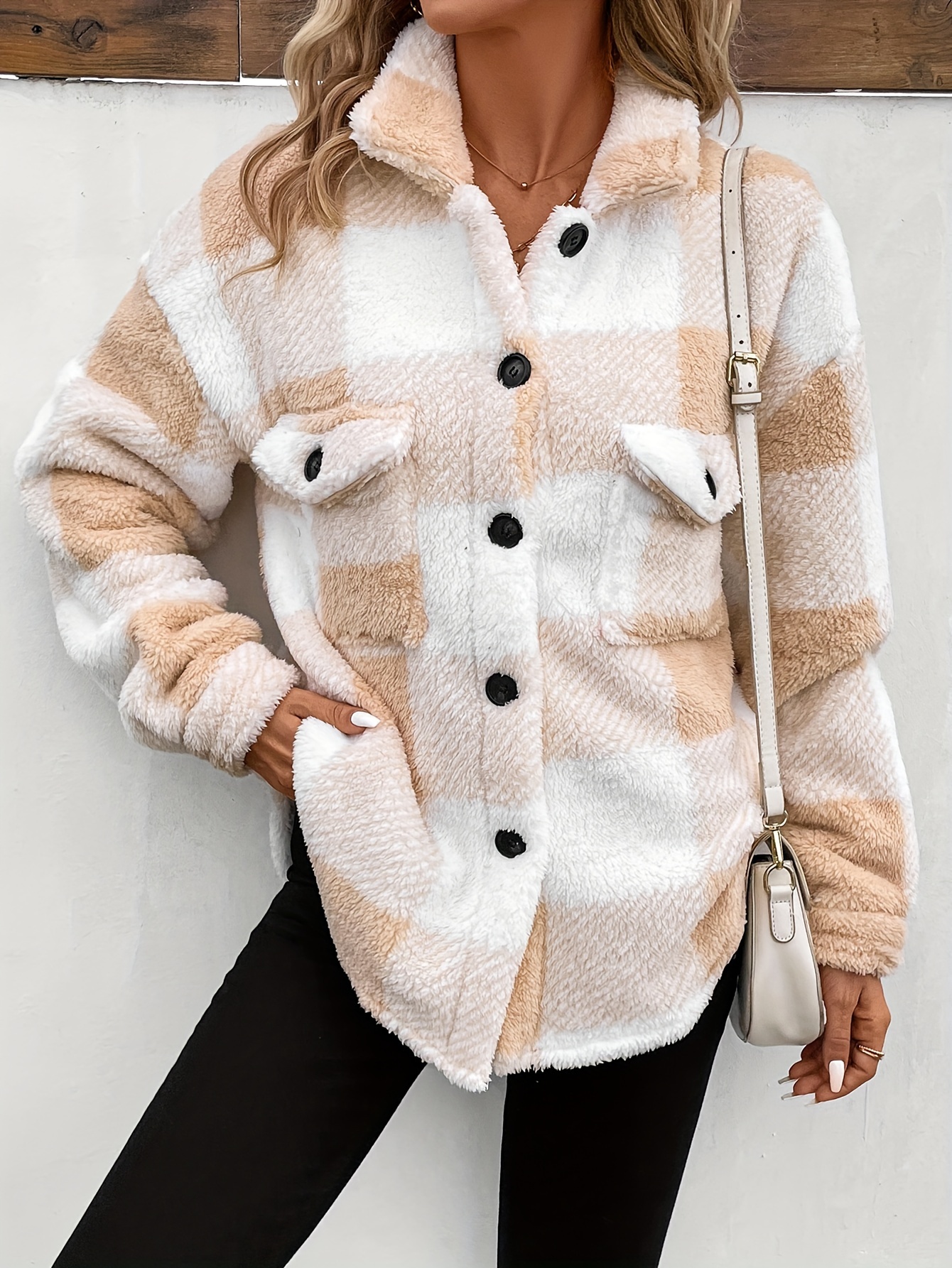 coat, plaid fuzzy fall winter coat casual button front long sleeve warm outerwear womens clothing details 10