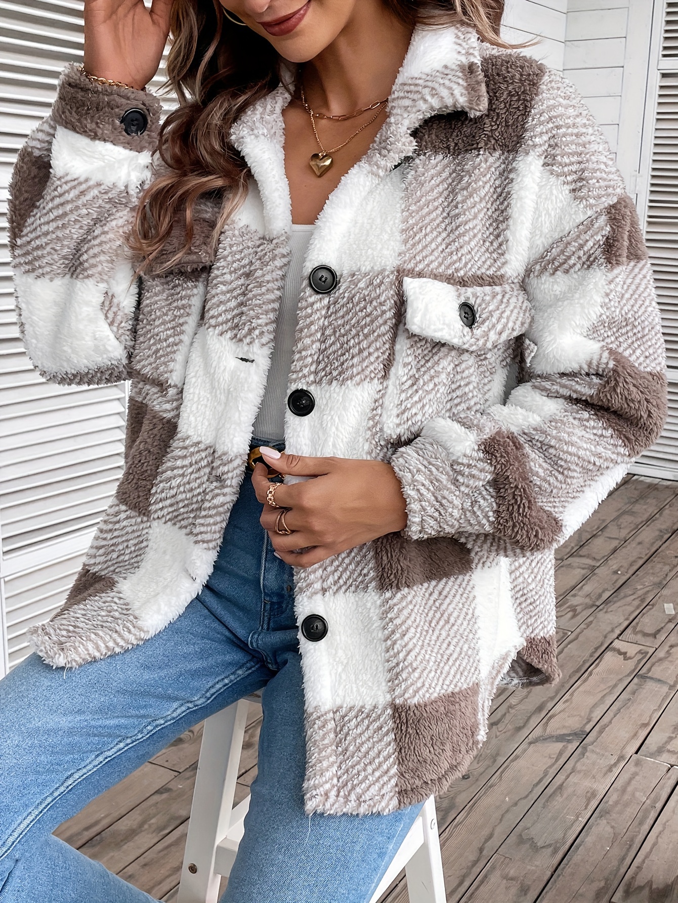 coat, plaid fuzzy fall winter coat casual button front long sleeve warm outerwear womens clothing details 19