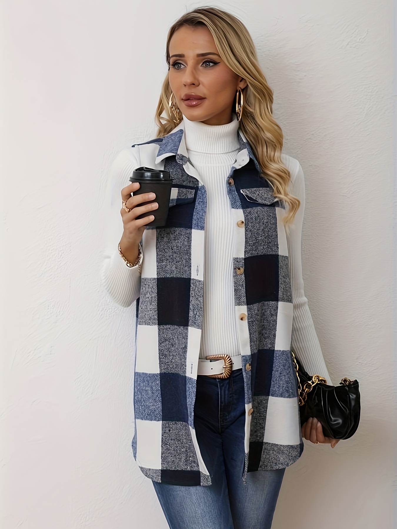 plaid pattern sleeveless vest casual button front vest womens clothing details 5