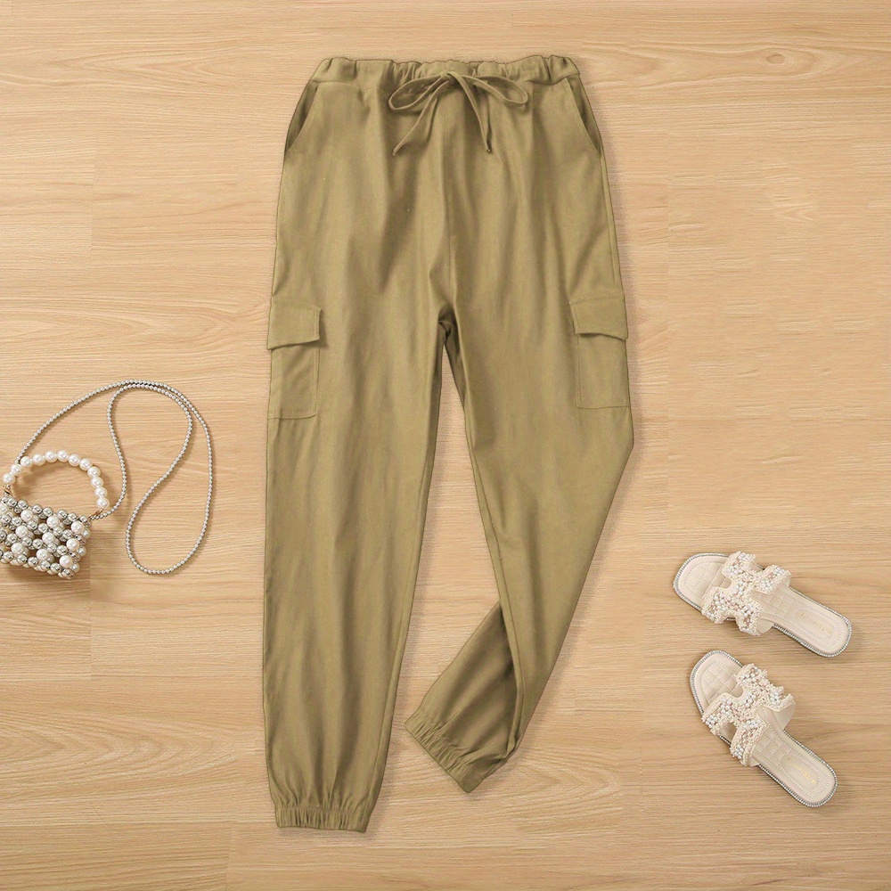 y2k solid drawstring cargo pants casual elastic waist long length pants with pockets womens clothing details 10