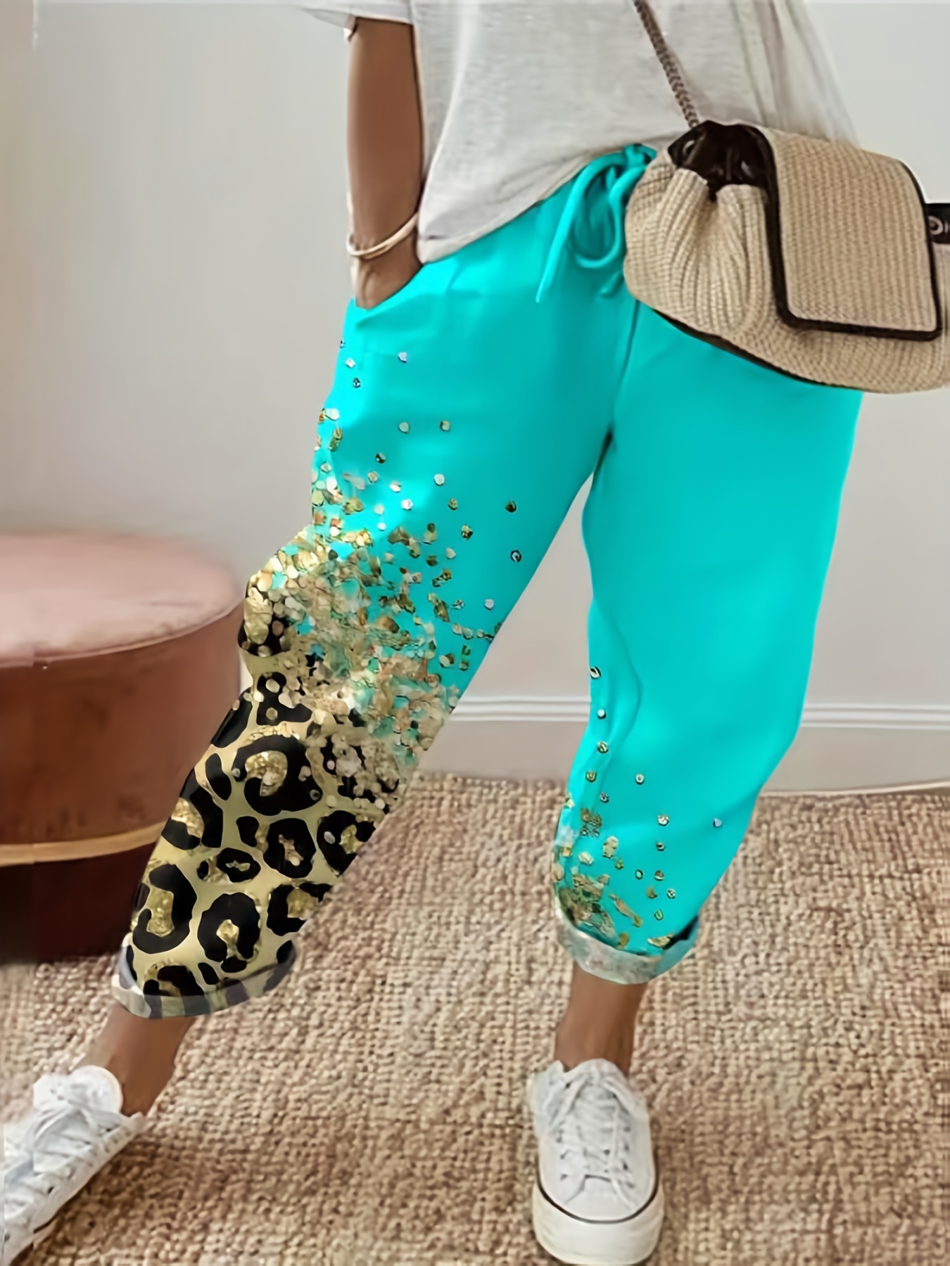 leopard sequins print drawstring pants casual loose pants for spring fall womens clothing details 1