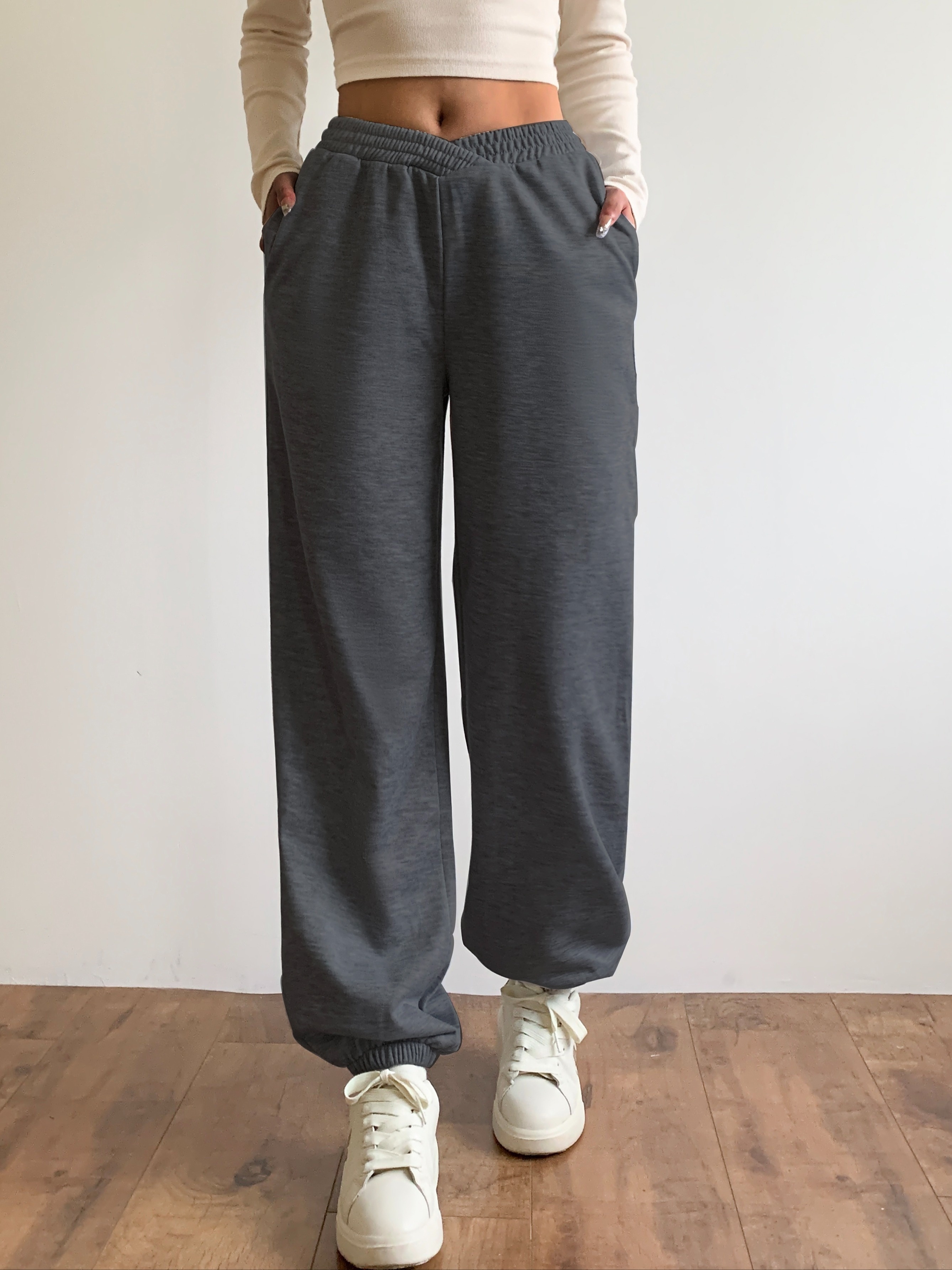 solid loose basic jogger sweatpants versatile comfy pants for fall winter womens clothing details 0