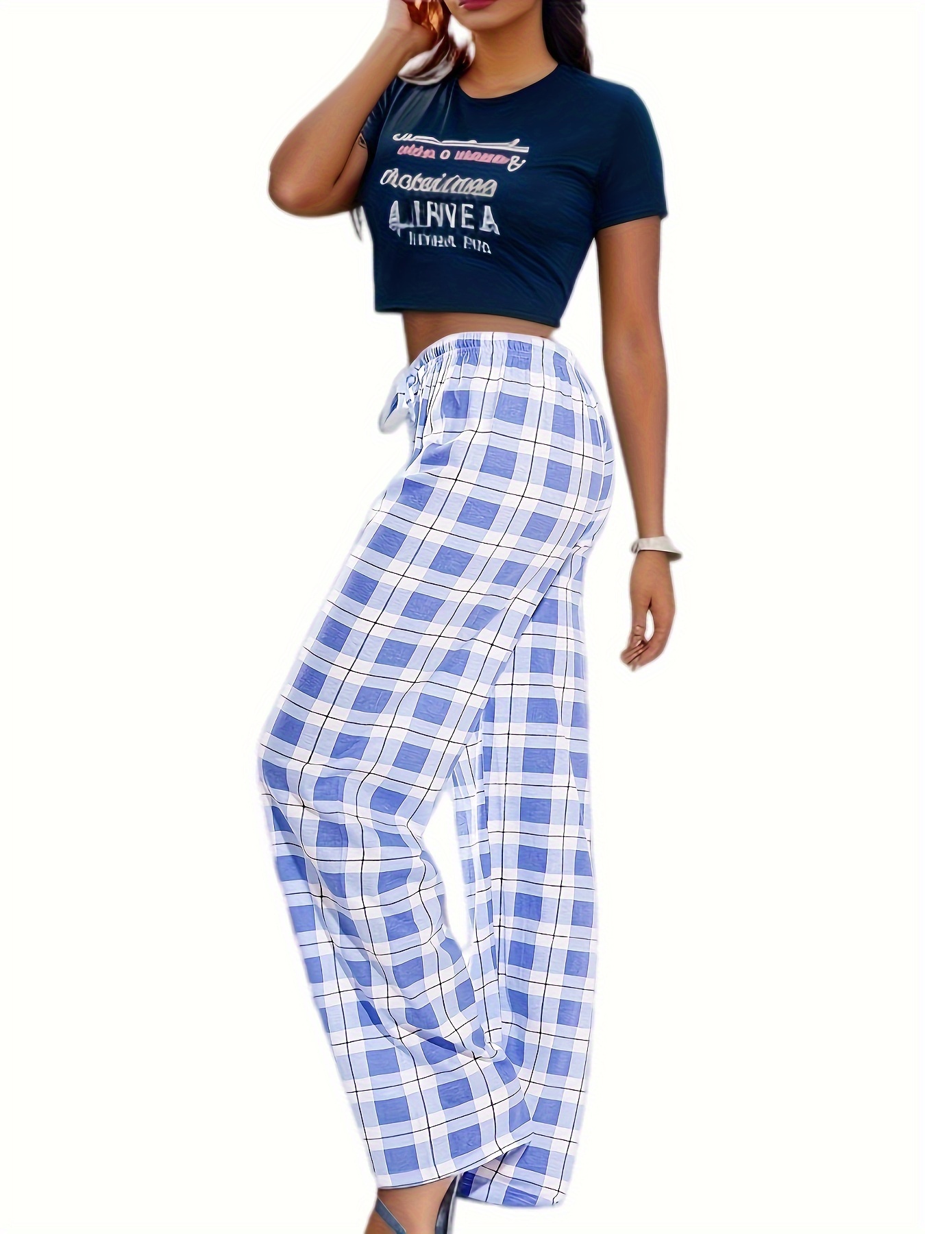 plaid pattern drawstring pants casual wide leg pants womens clothing details 4