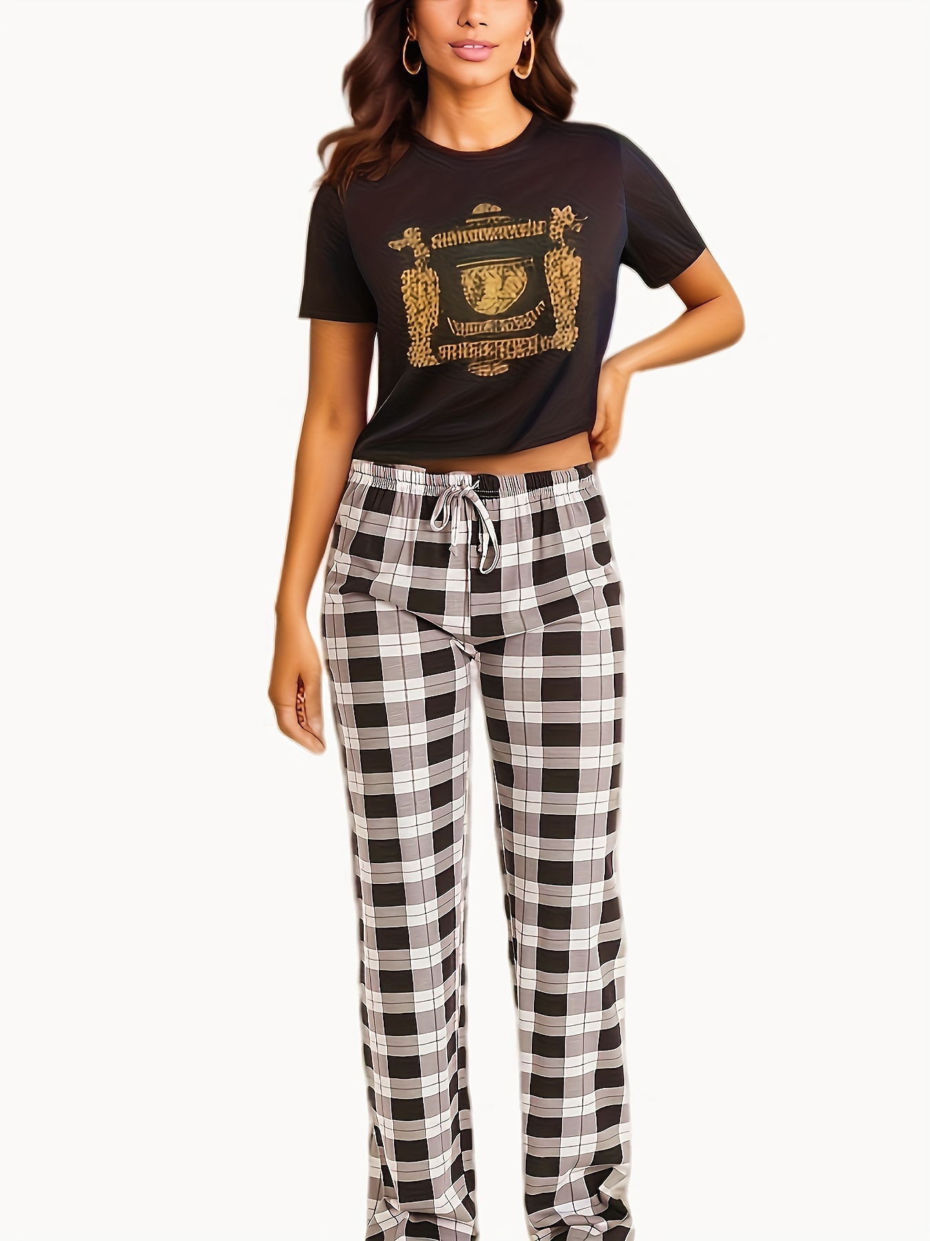 plaid pattern drawstring pants casual wide leg pants womens clothing details 23