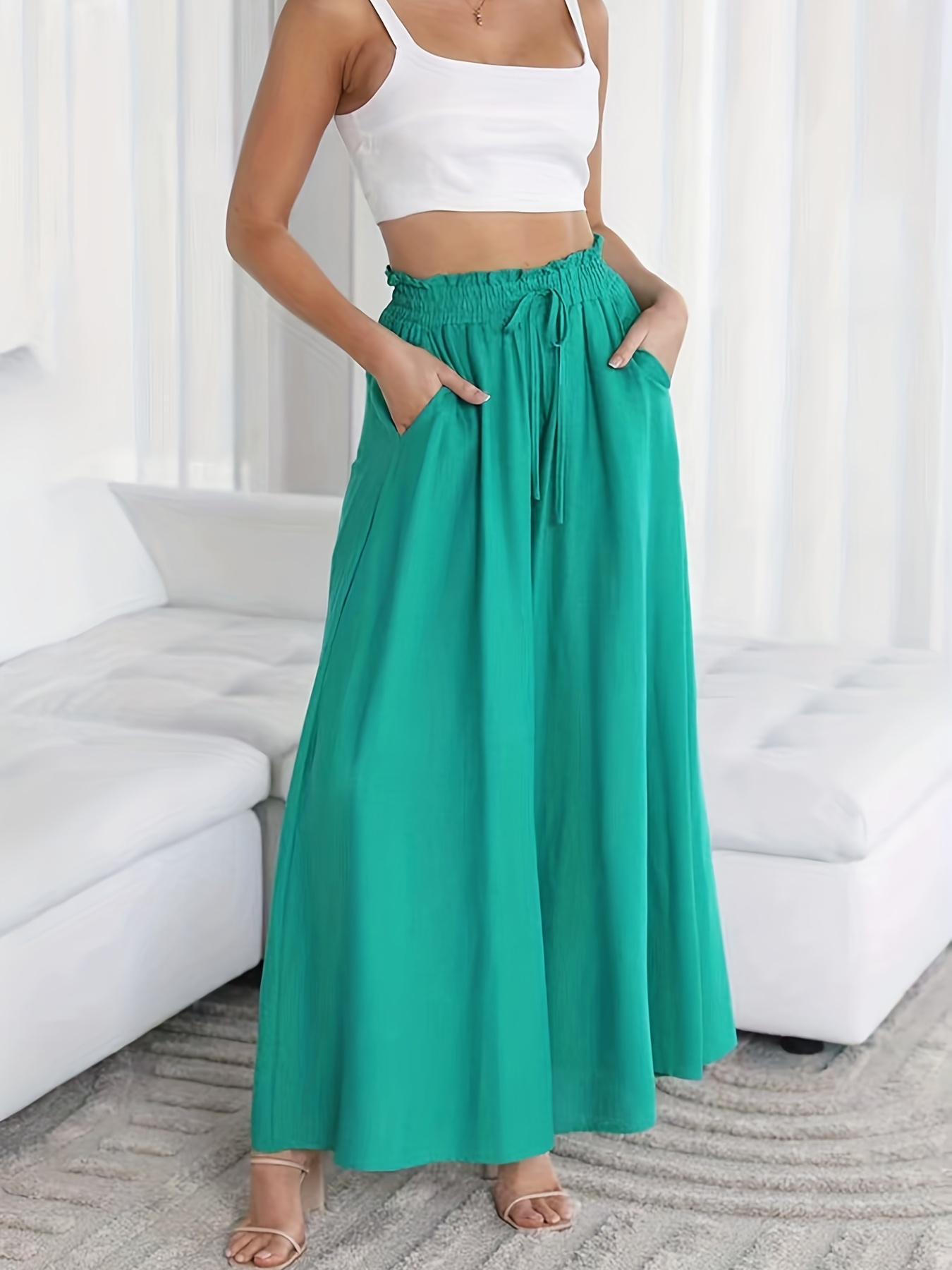 womens wide leg palazzo pants flowy ruffle solid pants womens clothing details 17