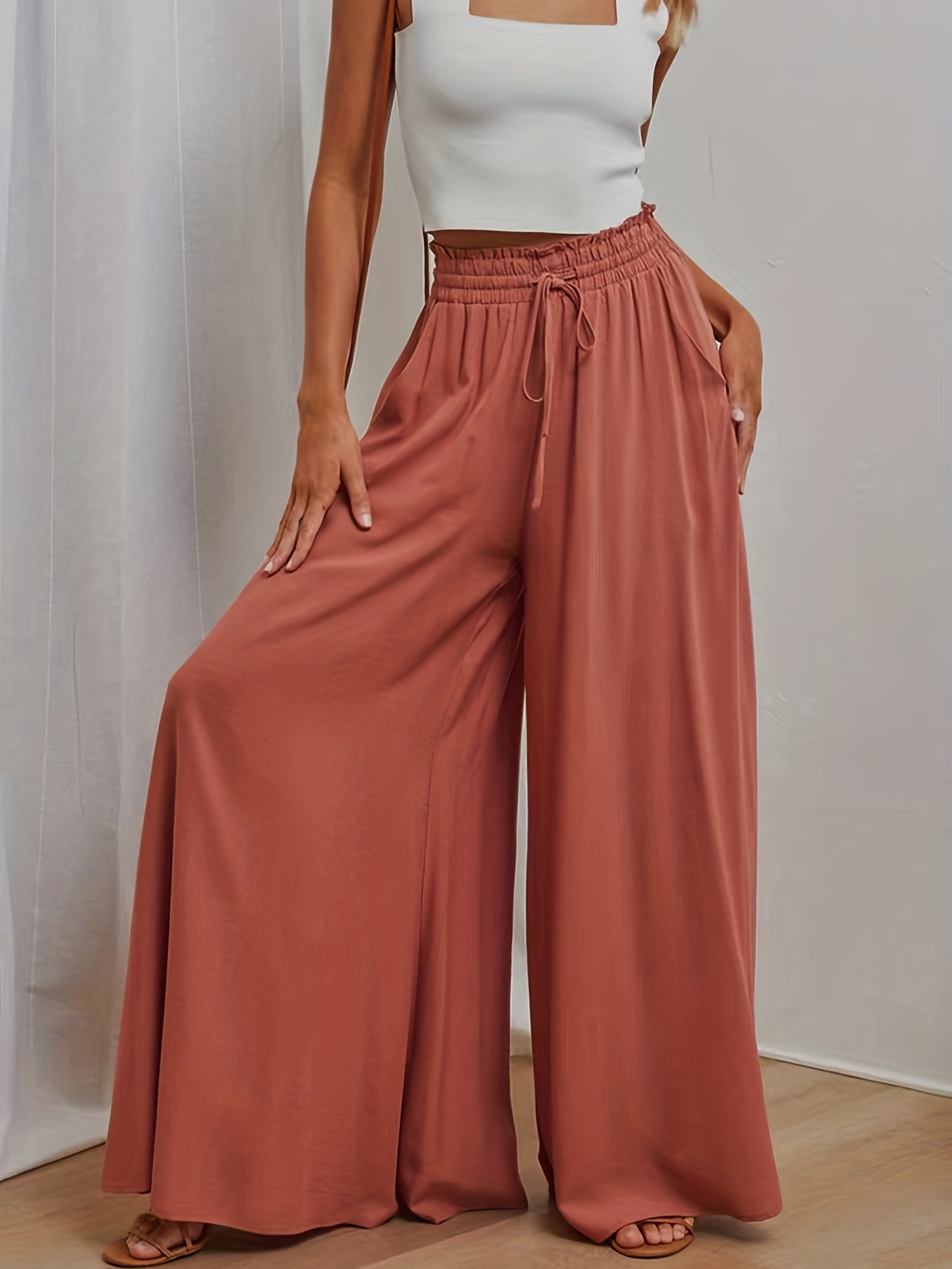 womens wide leg palazzo pants flowy ruffle solid pants womens clothing details 25