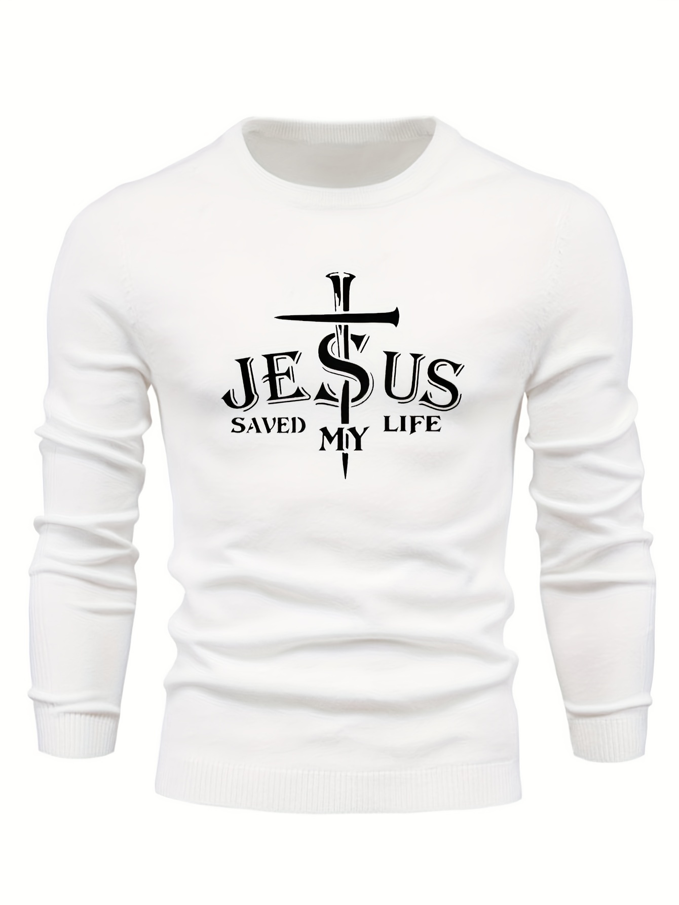 jesus saved my life print all match knitted sweater mens casual warm mid stretch crew neck pullover sweater for men fall winter details 5