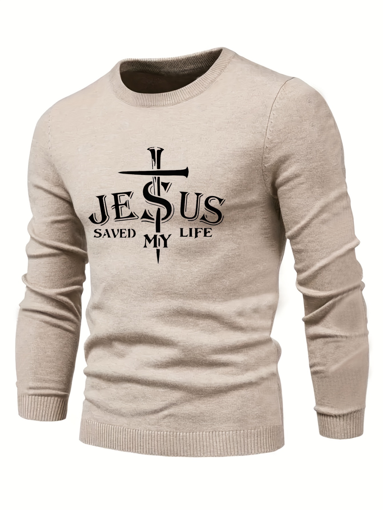 jesus saved my life print all match knitted sweater mens casual warm mid stretch crew neck pullover sweater for men fall winter details 12