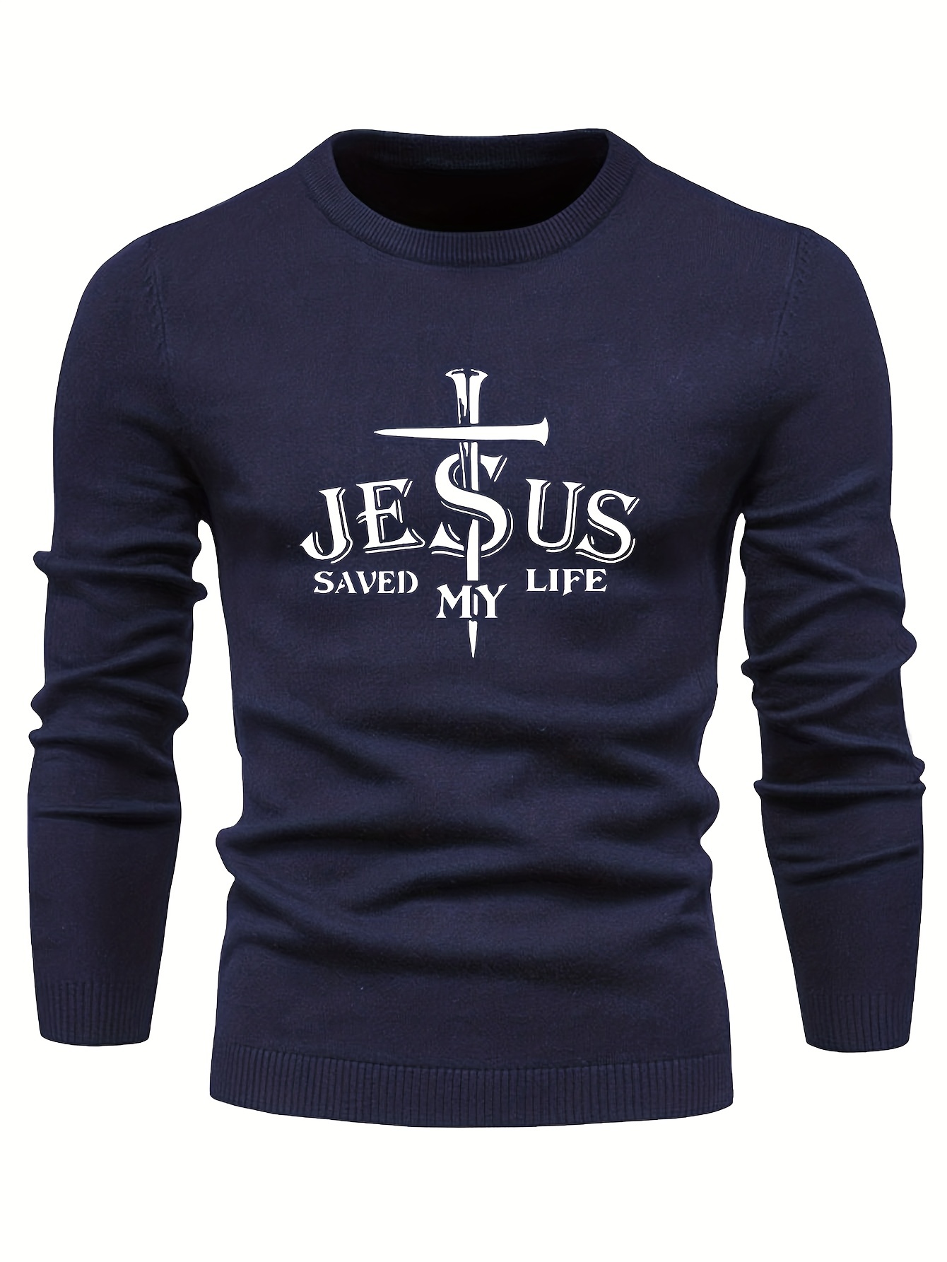 jesus saved my life print all match knitted sweater mens casual warm mid stretch crew neck pullover sweater for men fall winter details 15