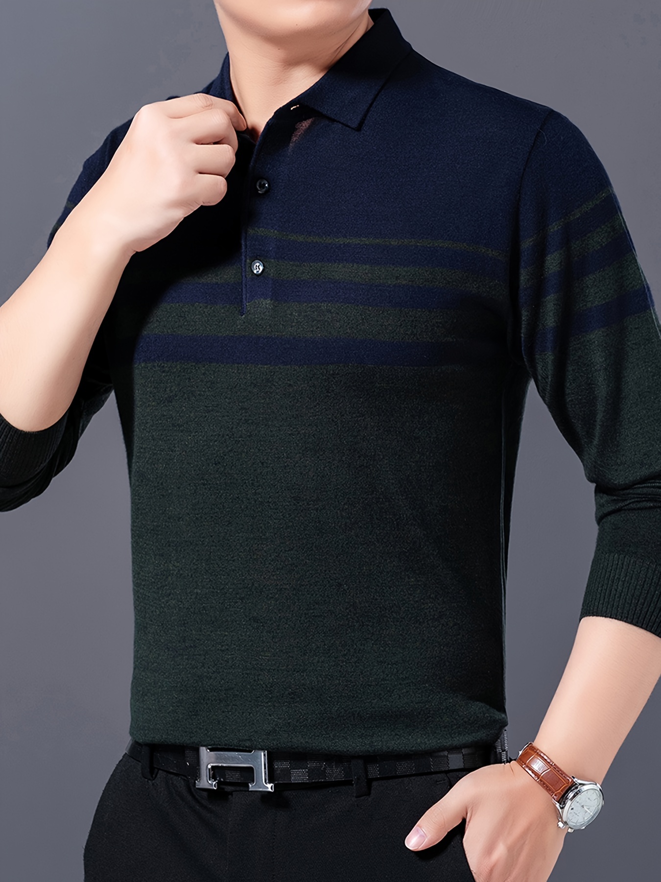 mens stylish striped sweater casual mid stretch breathable long sleeve shirt top for city walk street hanging details 4