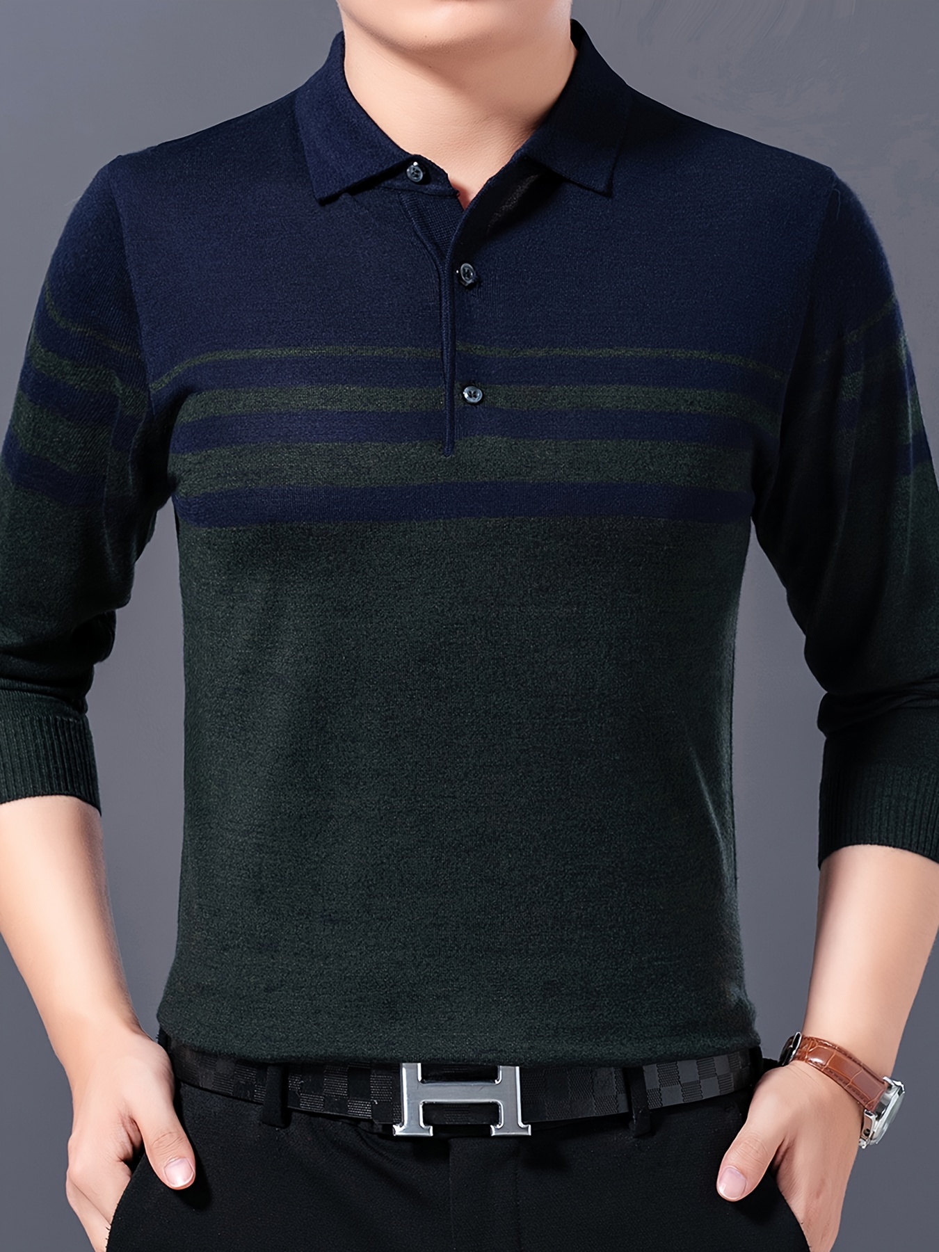 mens stylish striped sweater casual mid stretch breathable long sleeve shirt top for city walk street hanging details 5