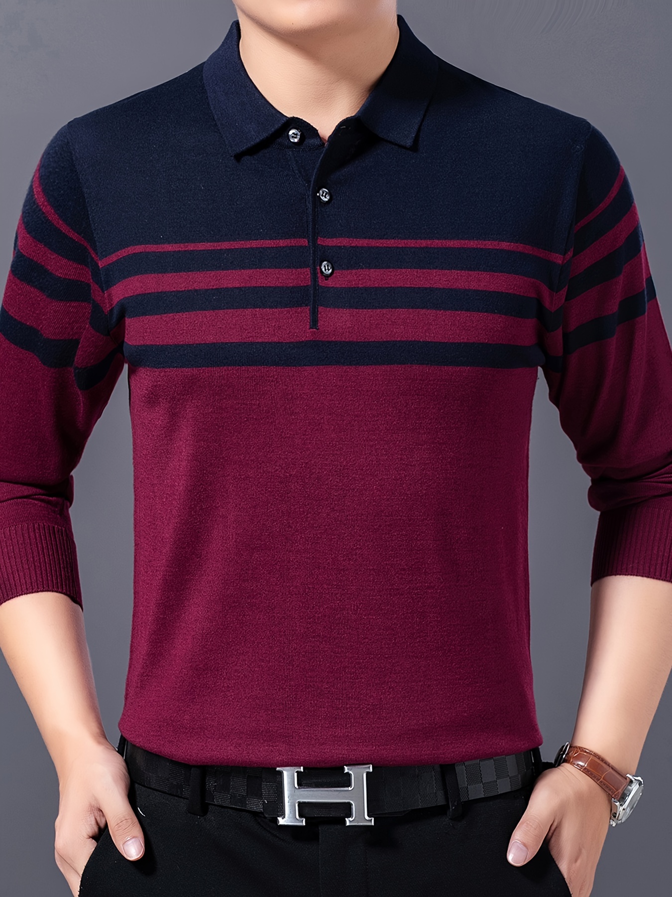 mens stylish striped sweater casual mid stretch breathable long sleeve shirt top for city walk street hanging details 8