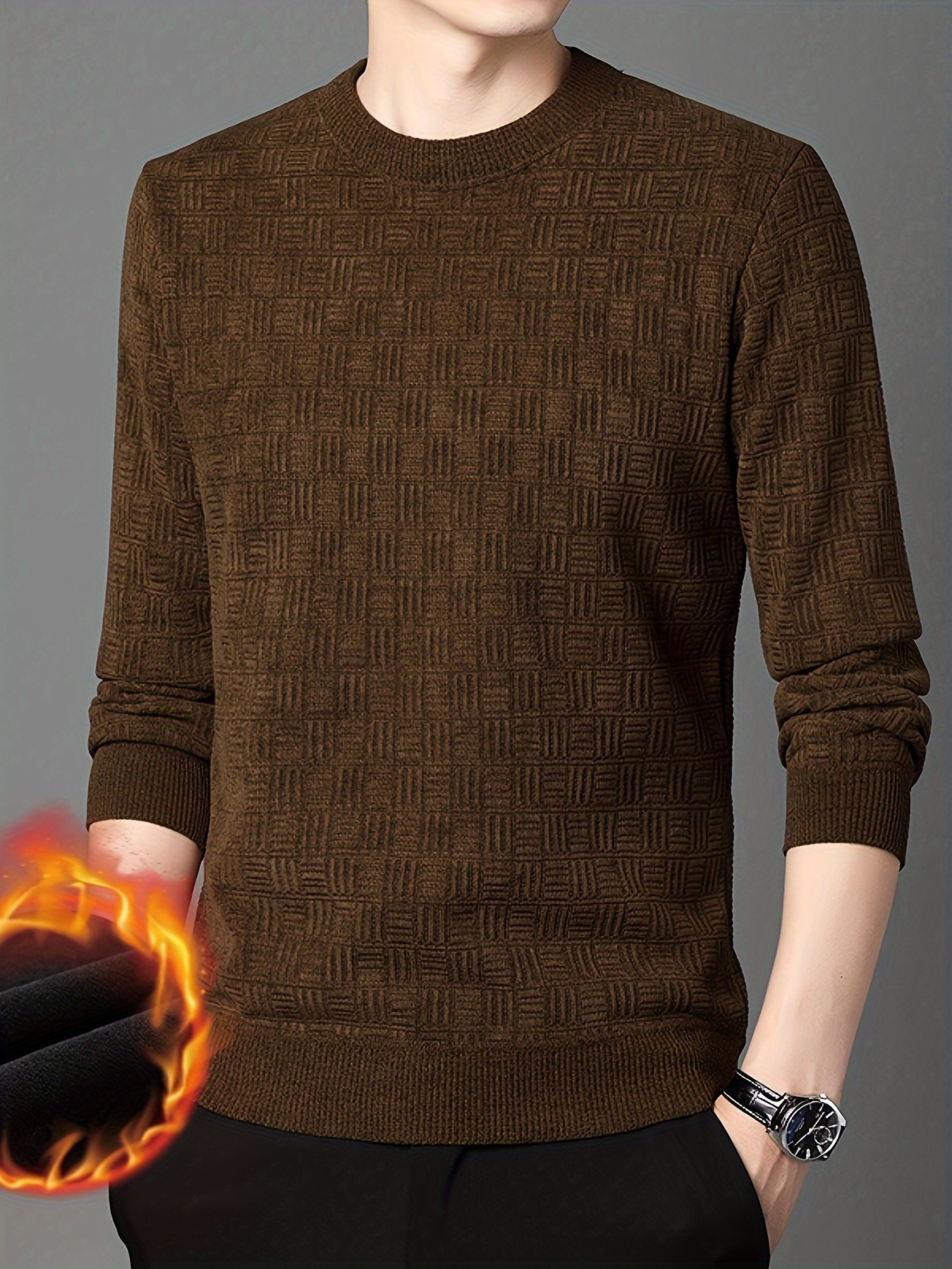 thermal knitted cable jacquard sweater mens casual warm slightly stretch crew neck pullover sweater for men fall winter details 9