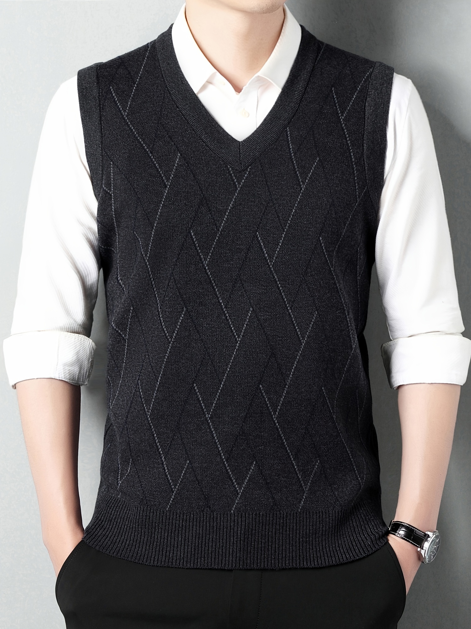 mens v neck cable casual sleeveless knitted sweater vest mens clothing for autumn winter details 7