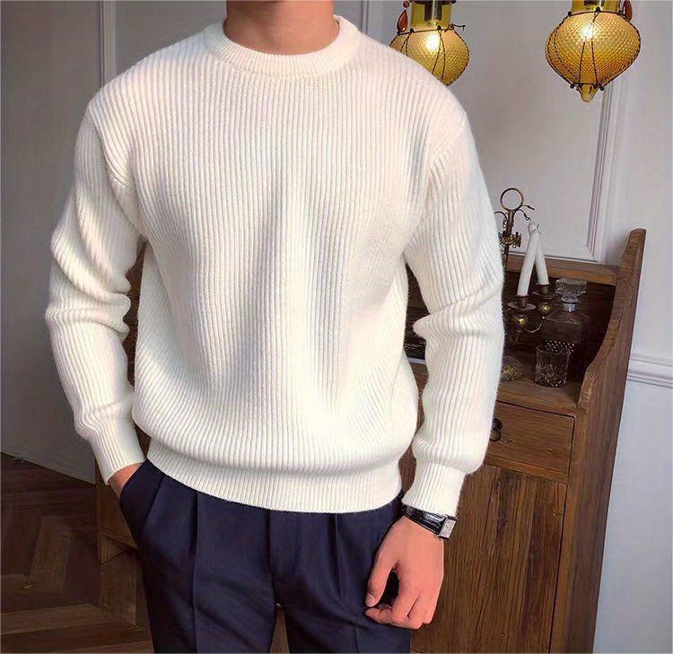 warm texture knitted sweater mens casual solid color slightly stretch round neck pullover sweater for fall winter details 1