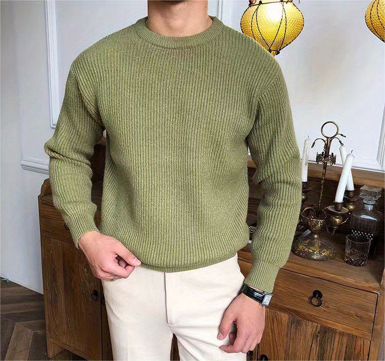 warm texture knitted sweater mens casual solid color slightly stretch round neck pullover sweater for fall winter details 3