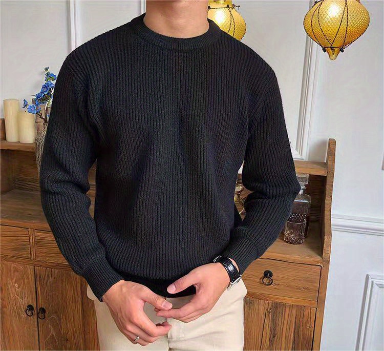 warm texture knitted sweater mens casual solid color slightly stretch round neck pullover sweater for fall winter details 4