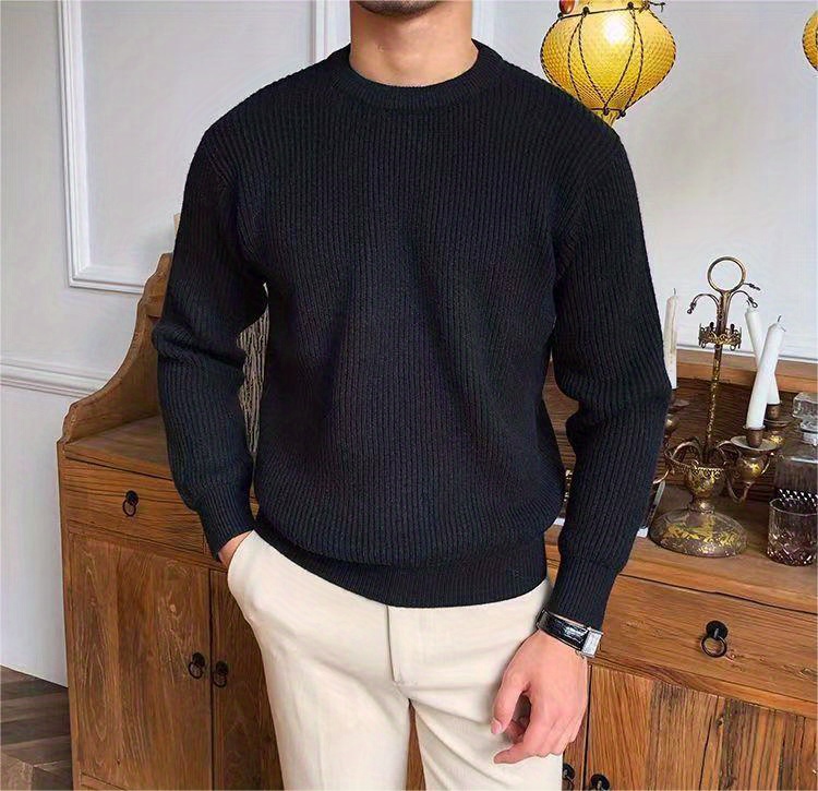 warm texture knitted sweater mens casual solid color slightly stretch round neck pullover sweater for fall winter details 5