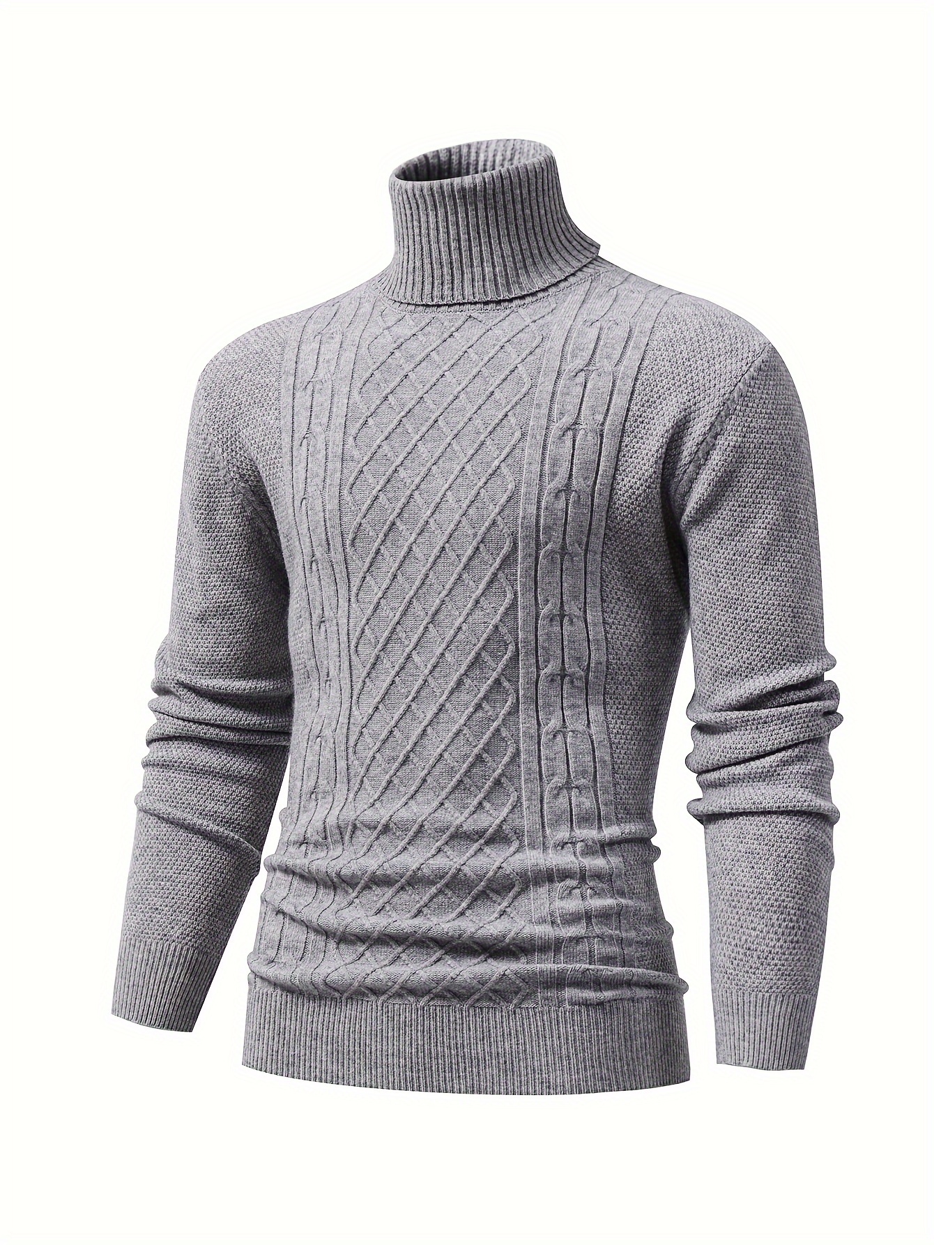 turtle neck knitted cable sweater mens casual warm solid high stretch pullover sweater for fall winter details 11