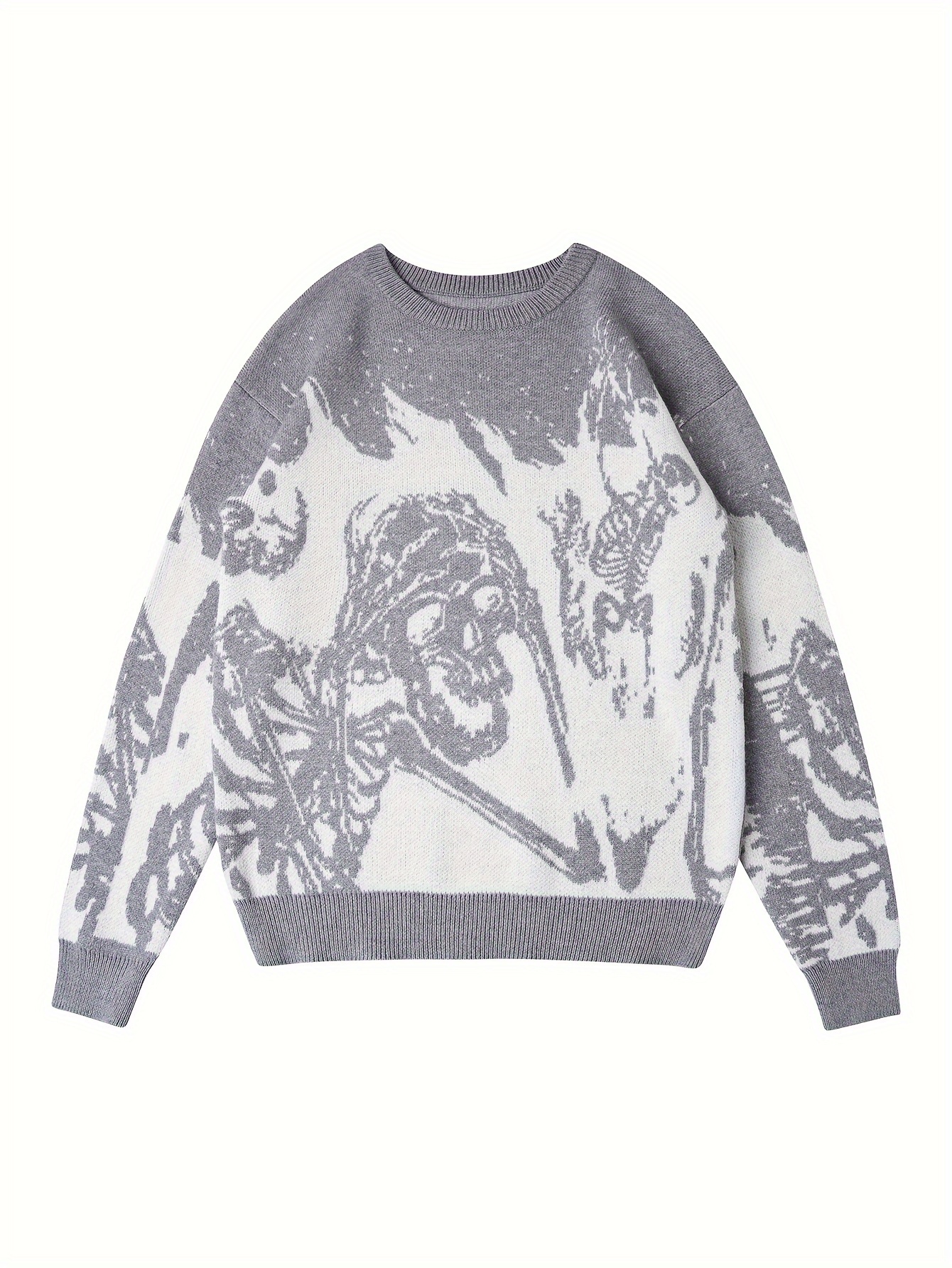 y2k long sleeve sweater loose casual sweater skull pattern knitted sweater mens warm slightly stretch crew neck pullover sweater for men fall winter details 0