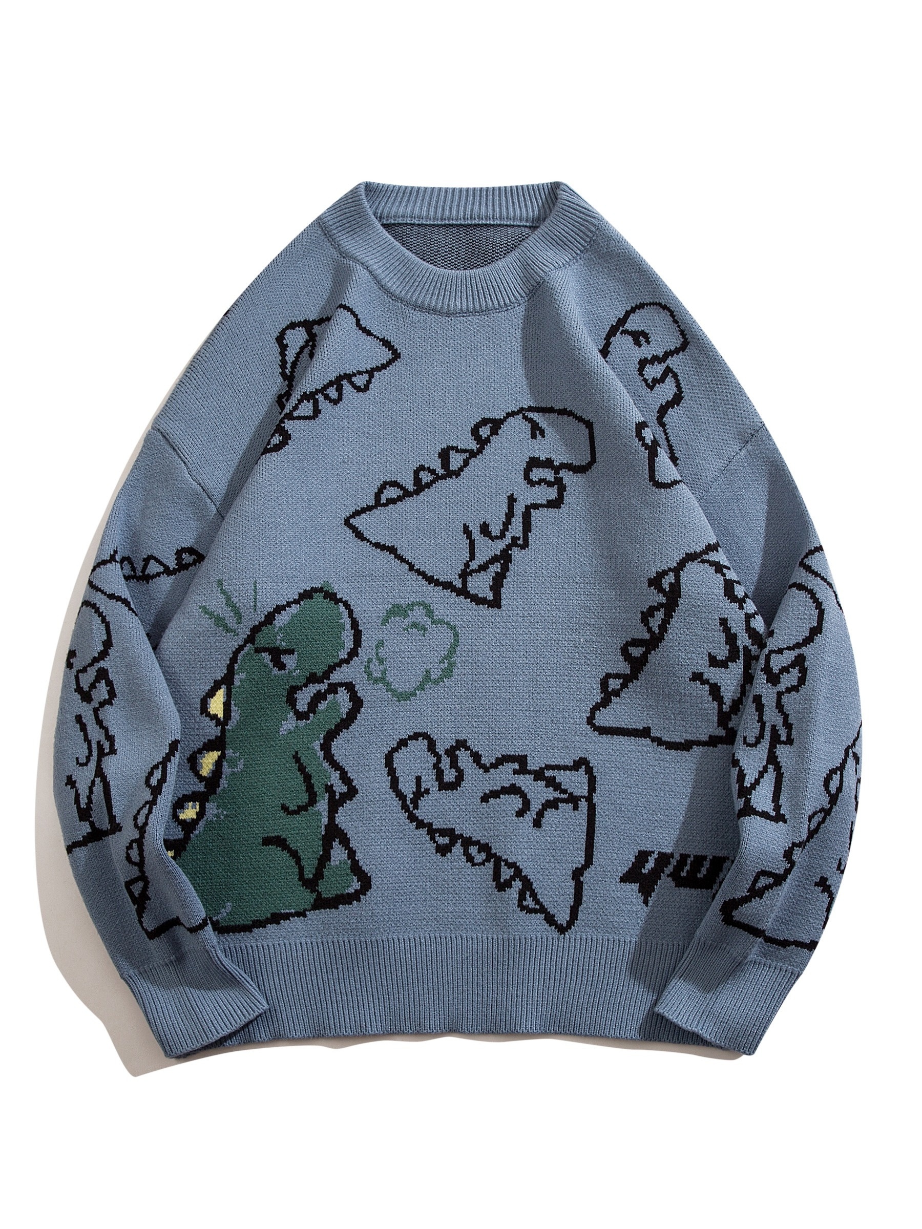 cartoon dinosaur pattern knitted sweater mens casual warm slightly stretch crew neck pullover sweater for men fall winter details 6