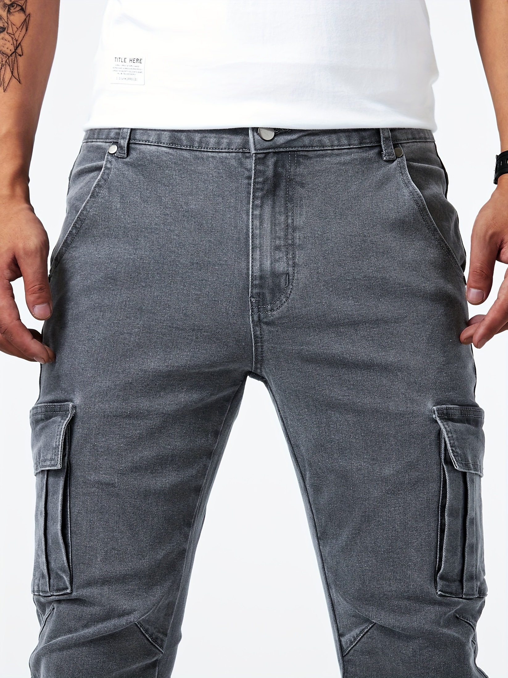 mens casual multi pocket jeans street style medium stretch denim pants details 11