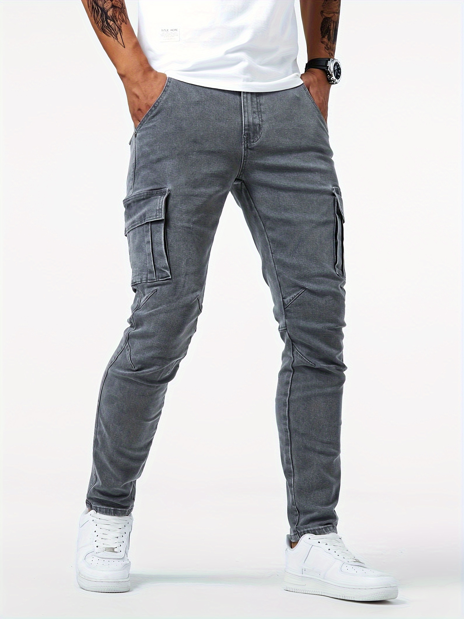 slim fit cargo jeans mens casual street style multi pocket high stretch denim pants for spring summer details 3