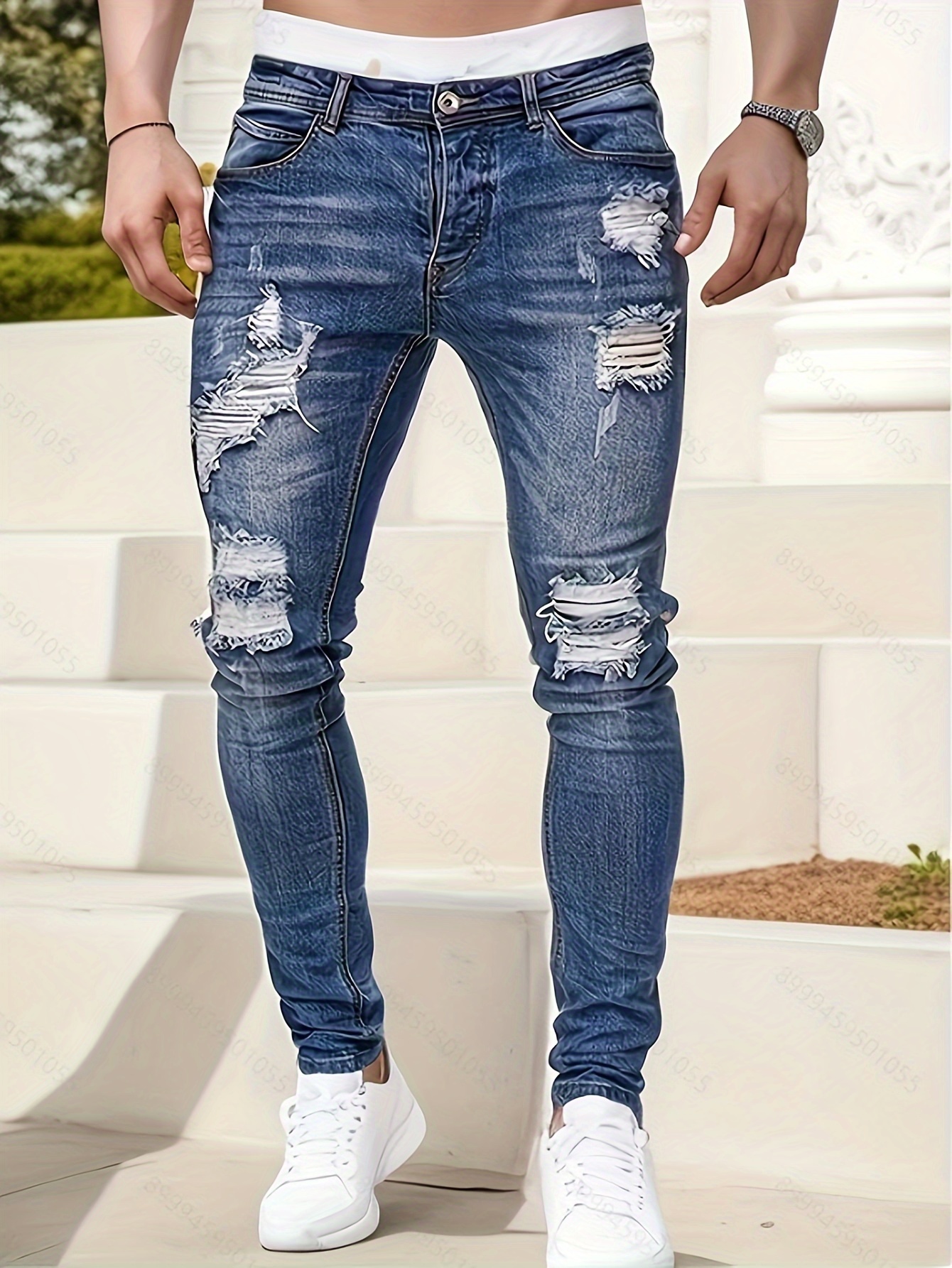 slim fit ripped jeans mens casual street style distressed medium stretch denim pants details 5