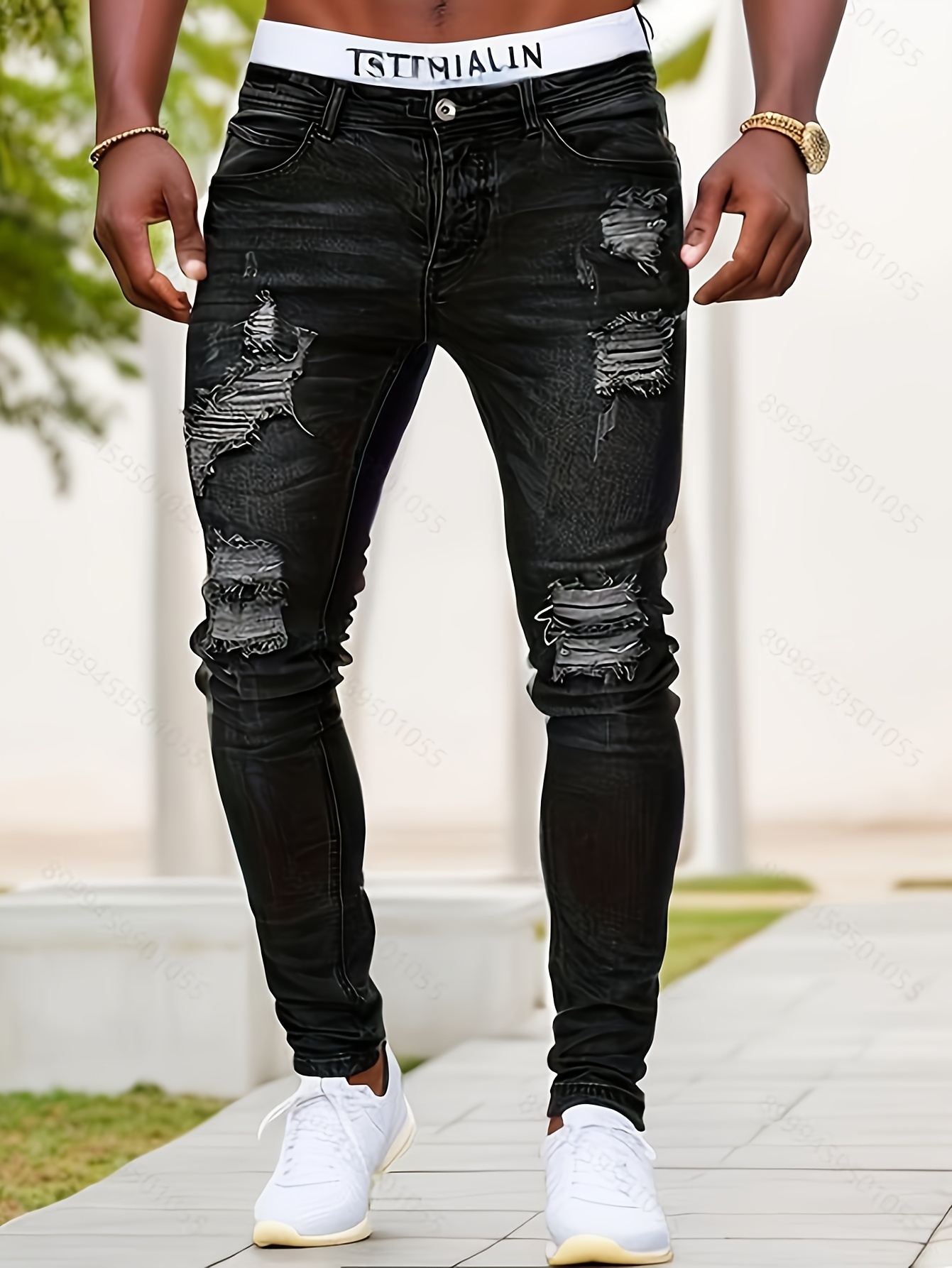 slim fit ripped jeans mens casual street style distressed medium stretch denim pants details 11