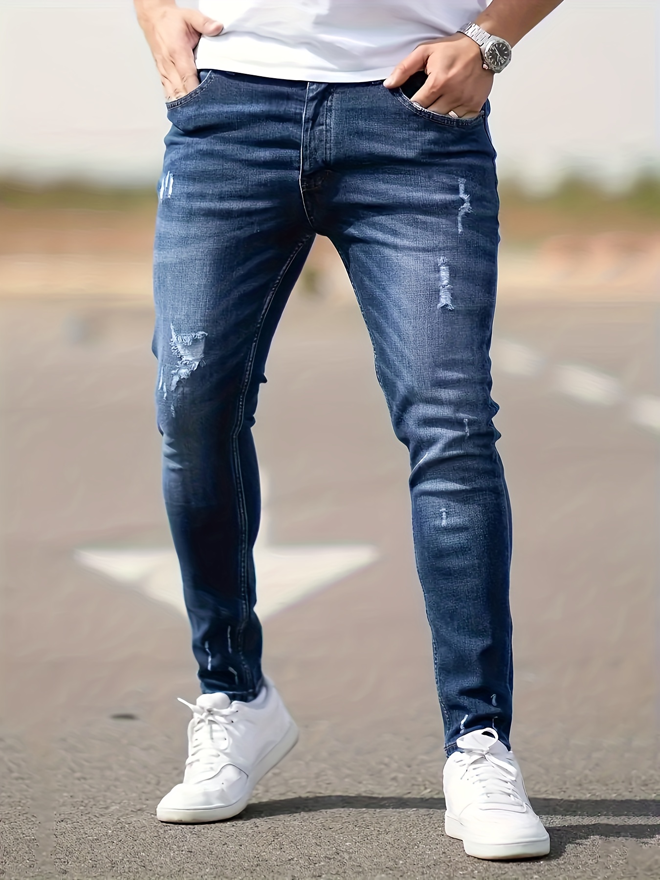 chic skinny ripped jeans, chic skinny ripped jeans mens casual street style medium stretch jeans details 6